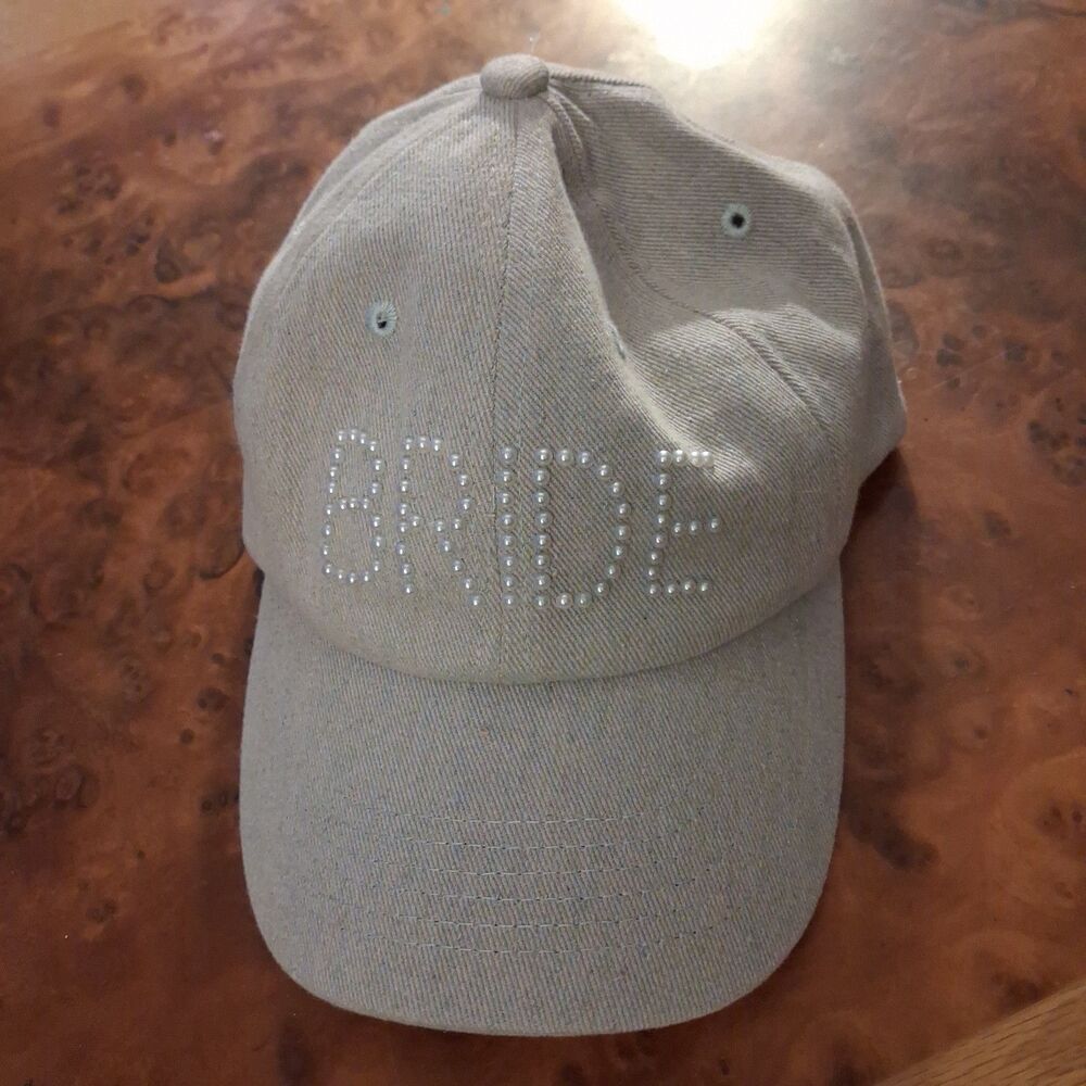 bride faux pearl beaded light blue denim baseball cap hat bachelorette bridal